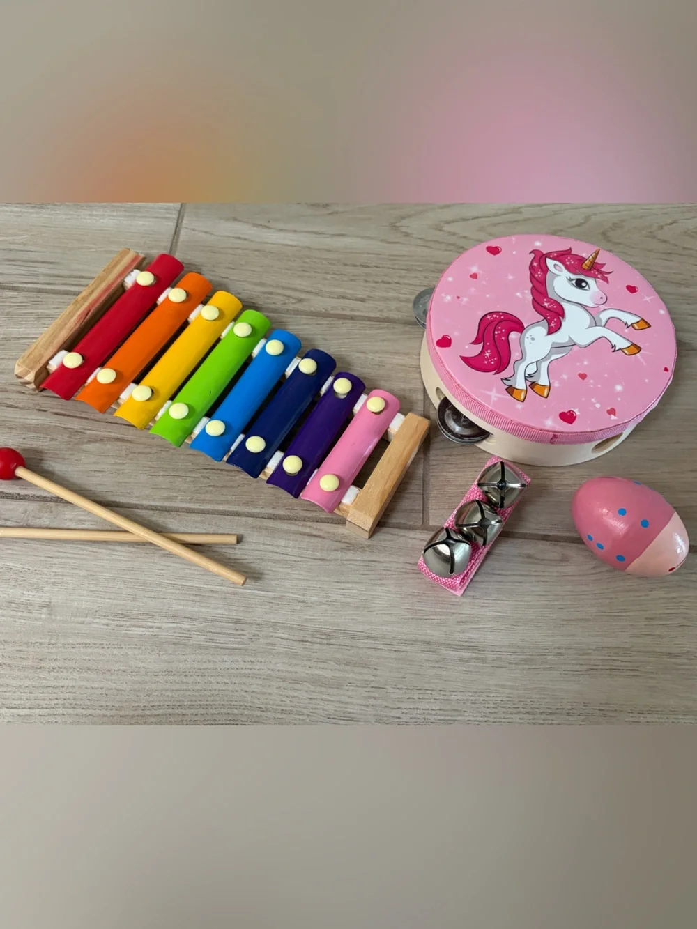 Rainbow Xylophone and Pink Unicorn Percussion Set for Kids